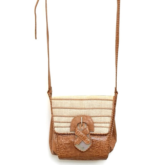 SHARIF Made in USA Python Leather & Fabric Crossbody Bag Brown/Beige EUC - Picture 2 of 14